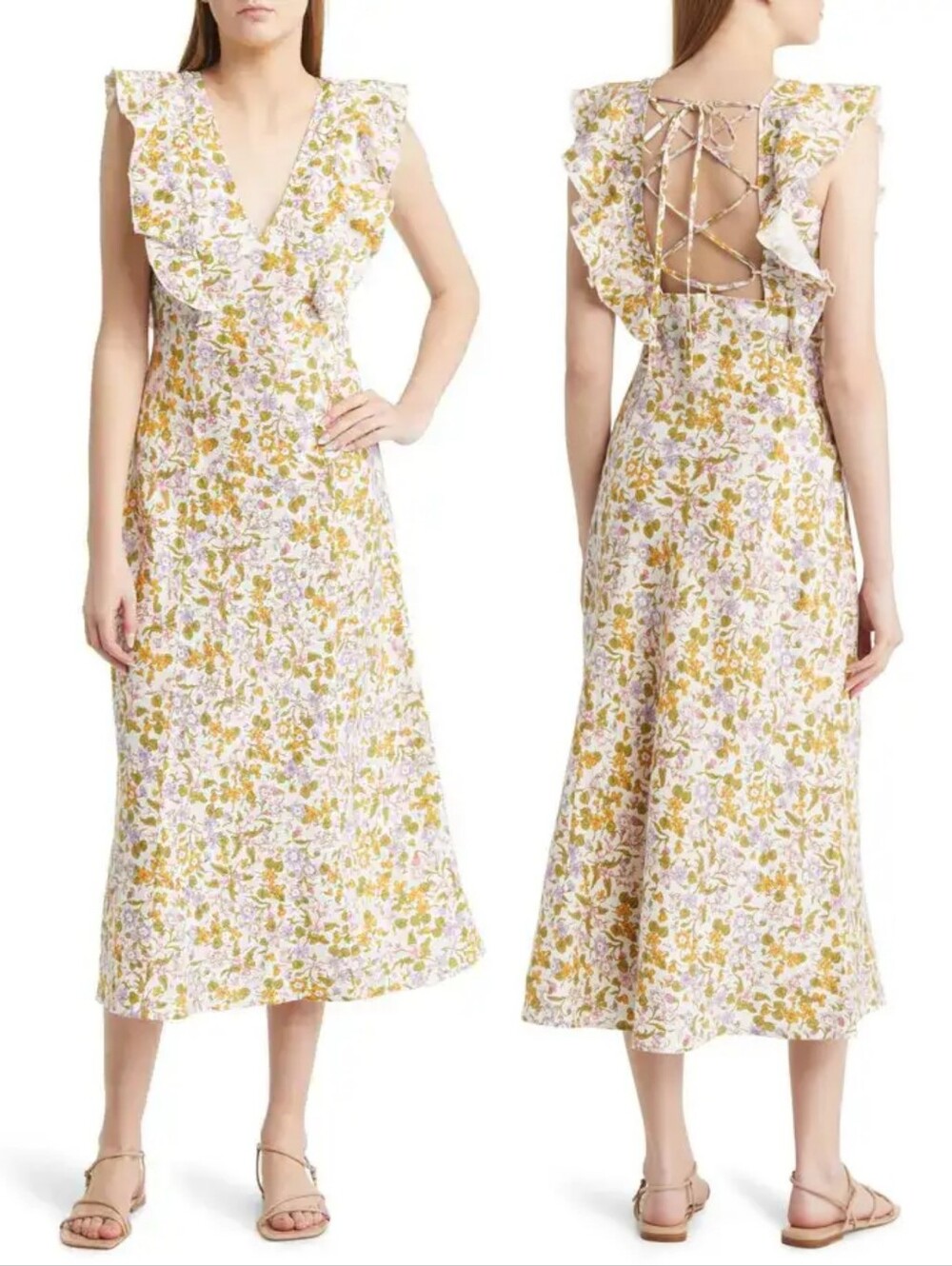 Rails constance floral lace-up Midi Linen dress Small